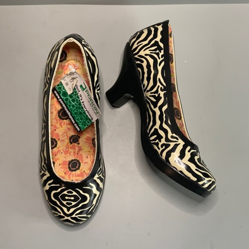 dav zebra print tan/black pumps heels size 6